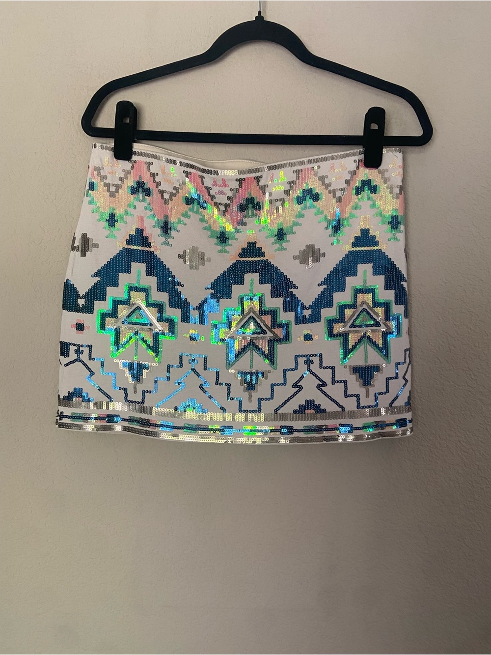 Express Sequin Aztec Mini Skirt Beige Blue Green Size M Festival Party Cocktail